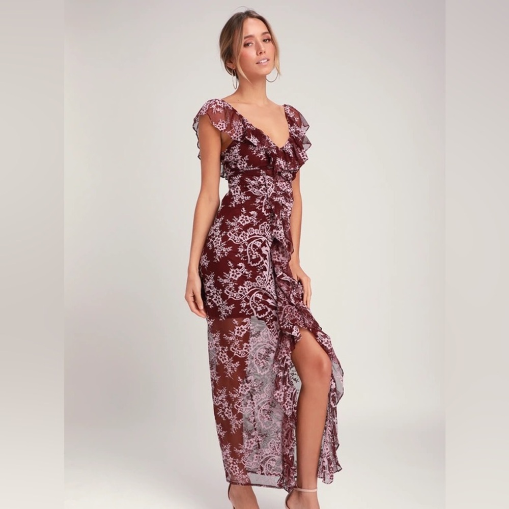 WAYF Marie Burgundy Floral Print Ruched Lace Ruffled Maxi